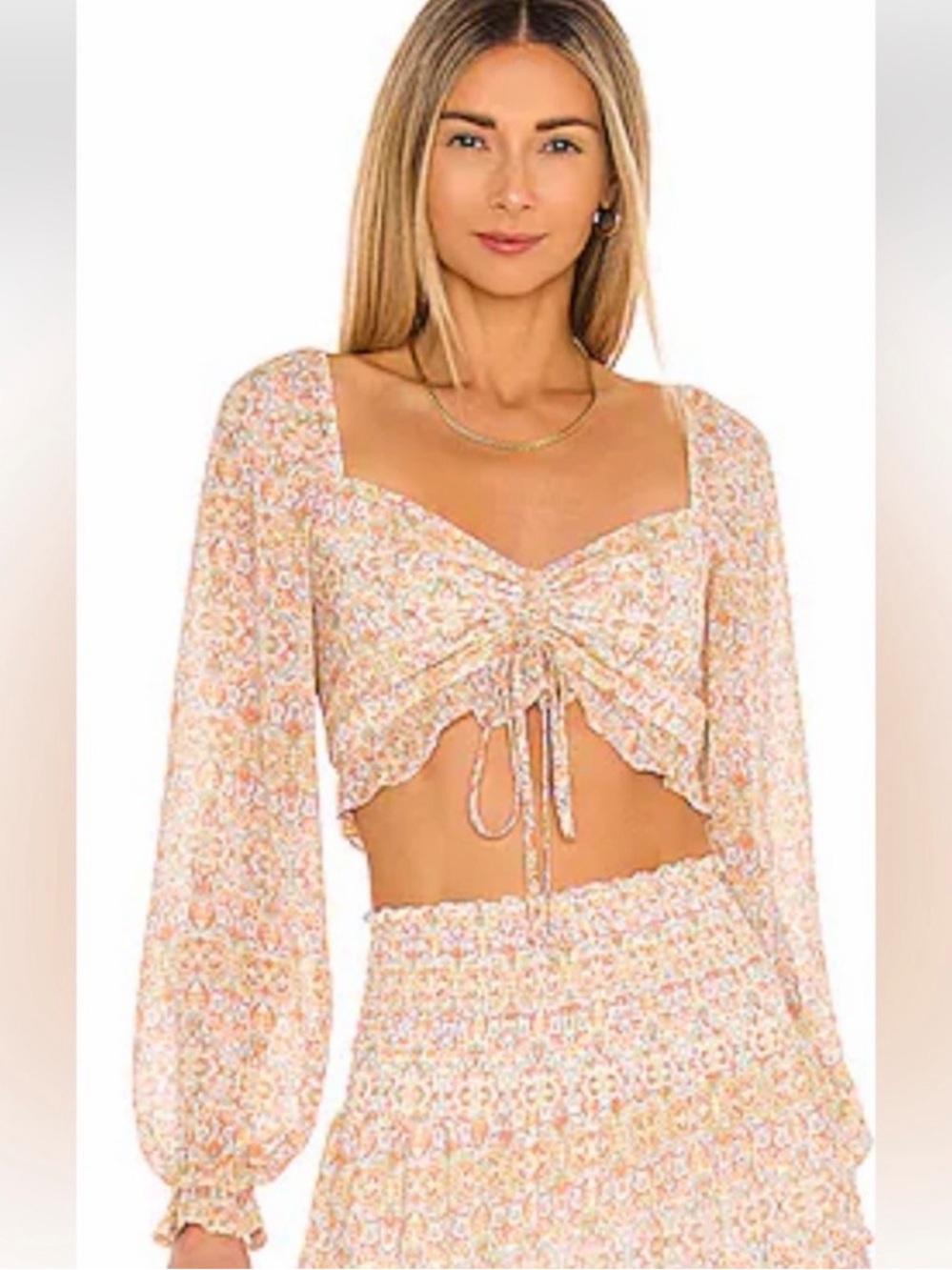 Show Me Your MuMu Peach Floral Ruched Crop Top with Balloon Sleeves
